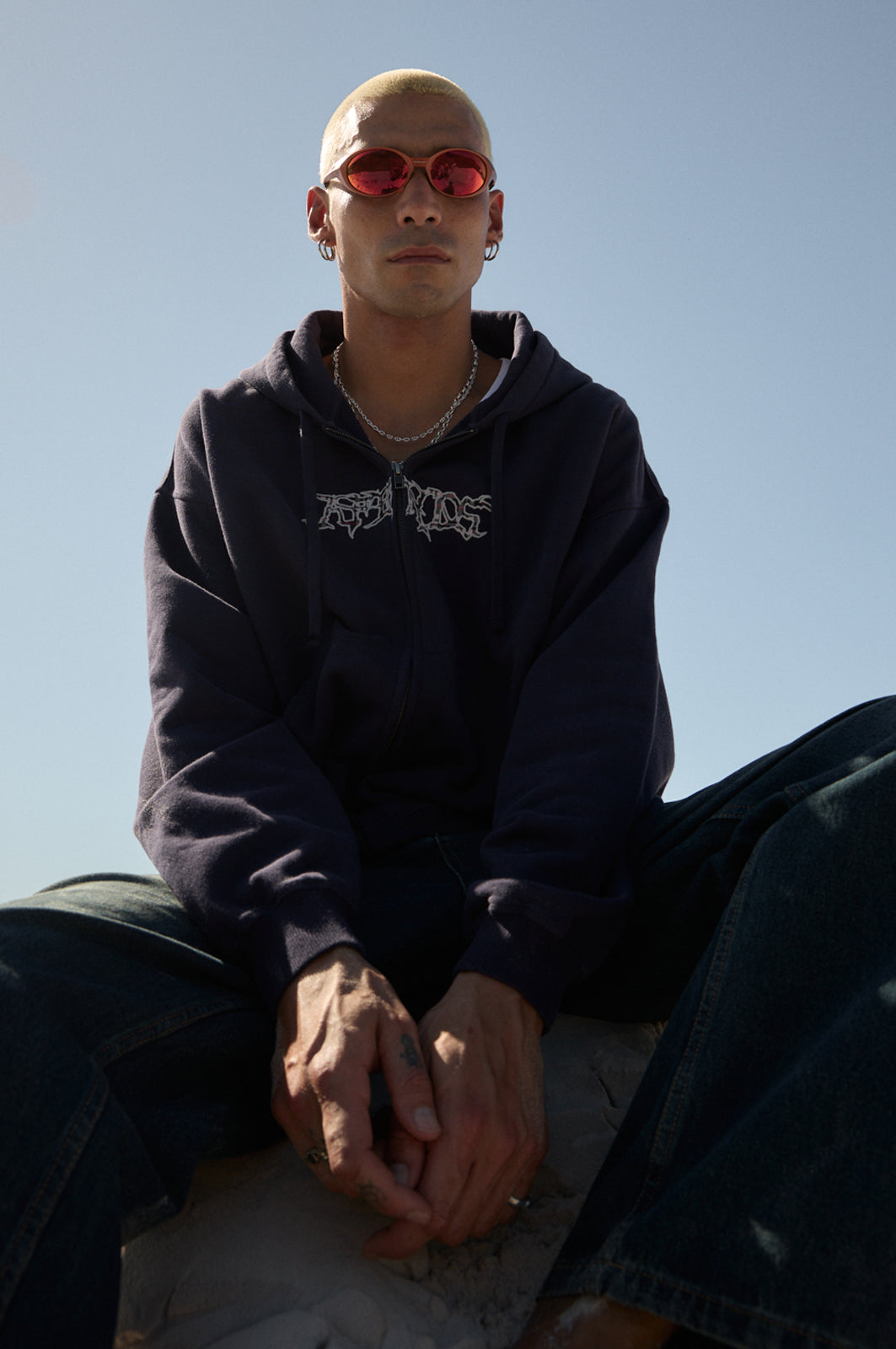 AFENDS Mens Kharma -  Boxy Zip Hood - Washed Deep Sea