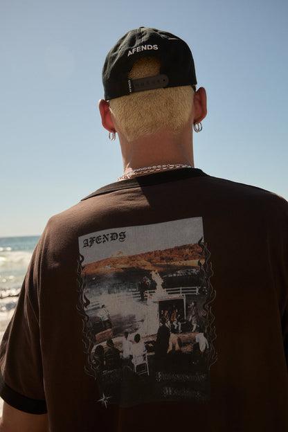 AFENDS Mens Machine -  Boxy Ringer Fit Tee - Washed Coffee