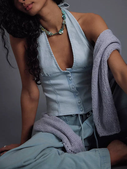 FREE PEOPLE Ramona Denim Halter Top