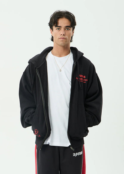 AFENDS Mens Flower Patch - Boxy Zip Hood - Stone Black
