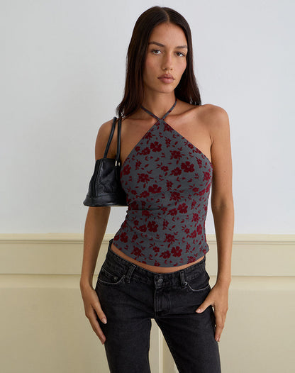 Arira Halter Top in Garden Floral Blue Grey