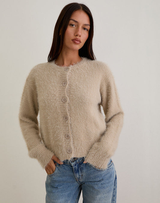 Audrina Cardigan in Fluffy Knit Beige