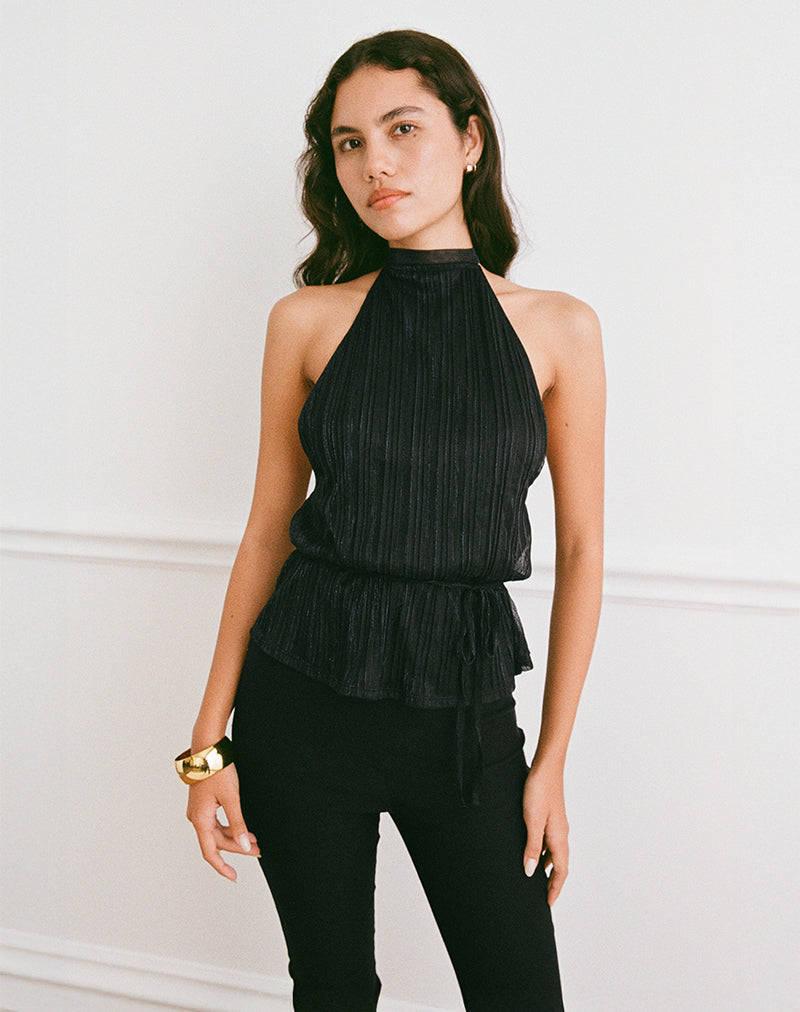 Brienne Top in Chiffon Plisse Black with Lining