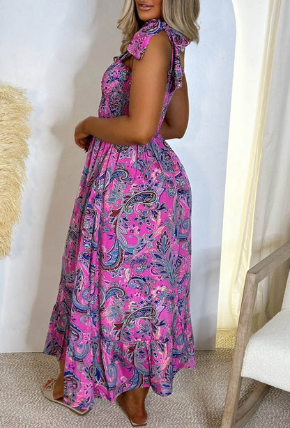 Boho Fantasy Pink Paisley Print Shirred Tie Strap Maxi Dress