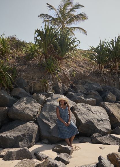 AFENDS Womens Position - Seersucker Midi Dress - Navy Check