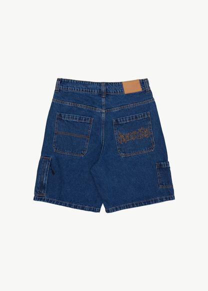 AFENDS Mens Scorched Harper - Denim Baggy Workwear Short 22" - Authentic Blue