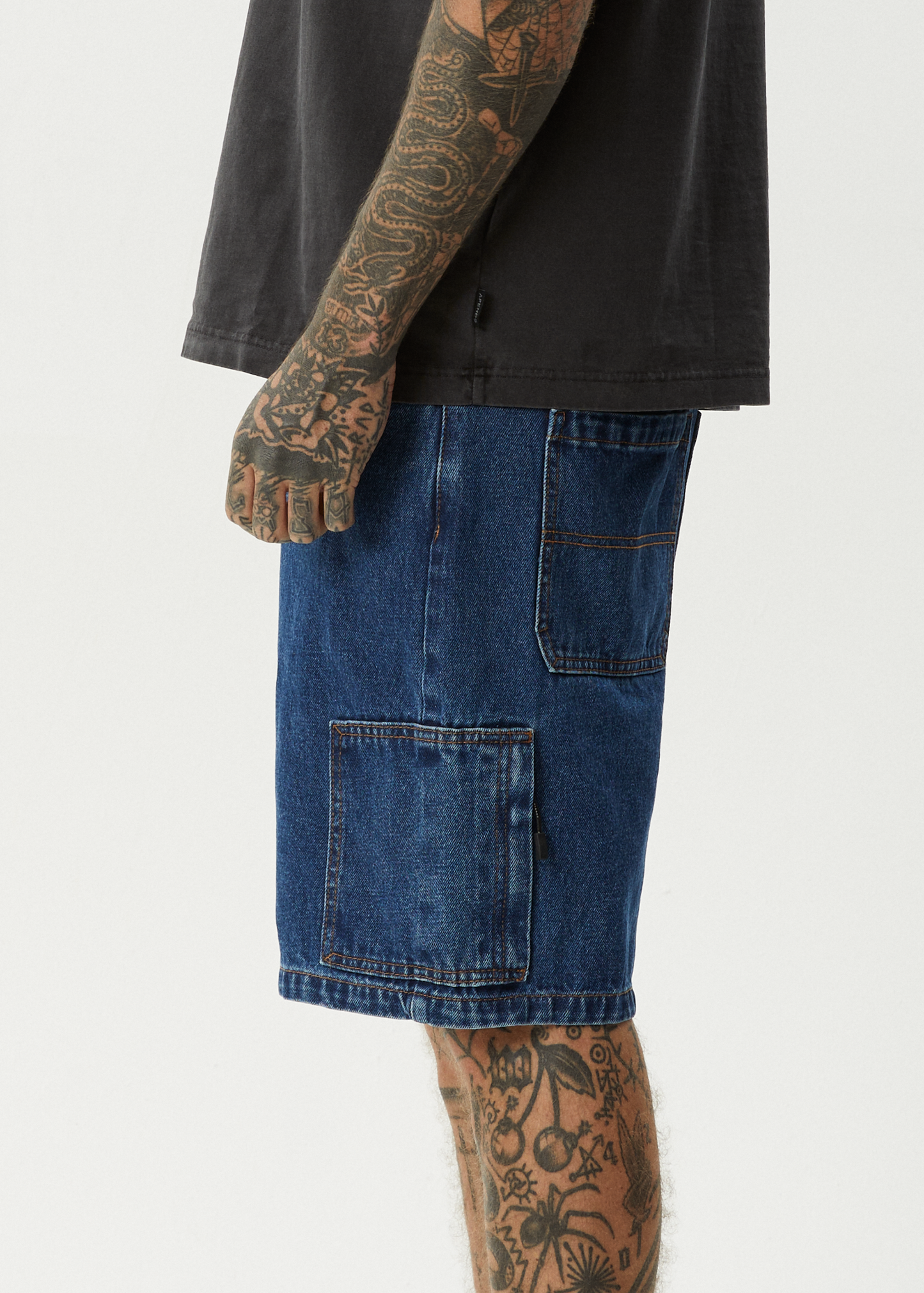 AFENDS Mens Scorched Harper - Denim Baggy Workwear Short 22" - Authentic Blue