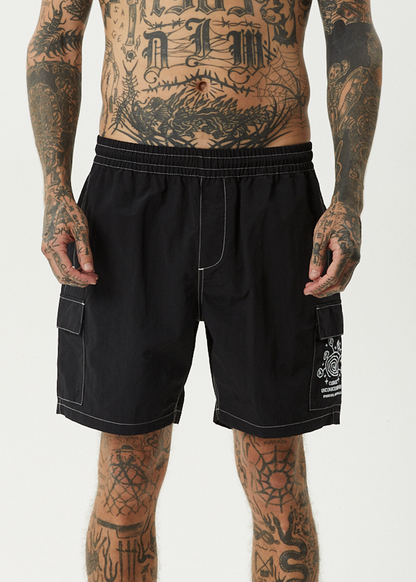 AFENDS Mens Cosmic - Cargo Baywatch Swim Short 18" - Black