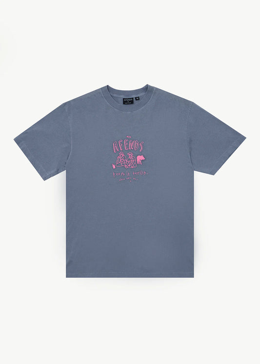 AFENDS Mens Camp Fire - Boxy Tee - Washed Slate Blue