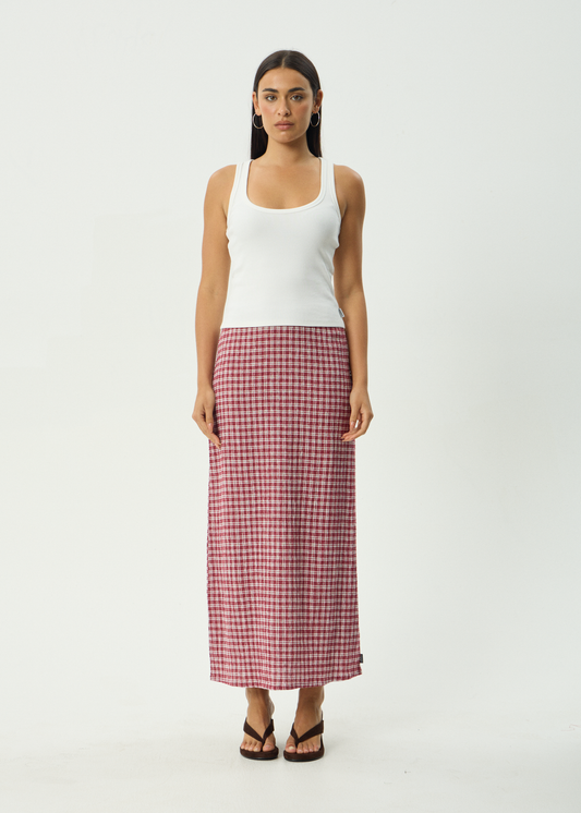 AFENDS Womens Lita - Seersucker Maxi Skirt - Base Burgundy Check
