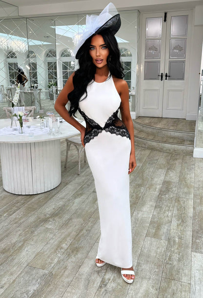 All's Fair White Lace Dress & Extra Gal Black Fascinator Outfit