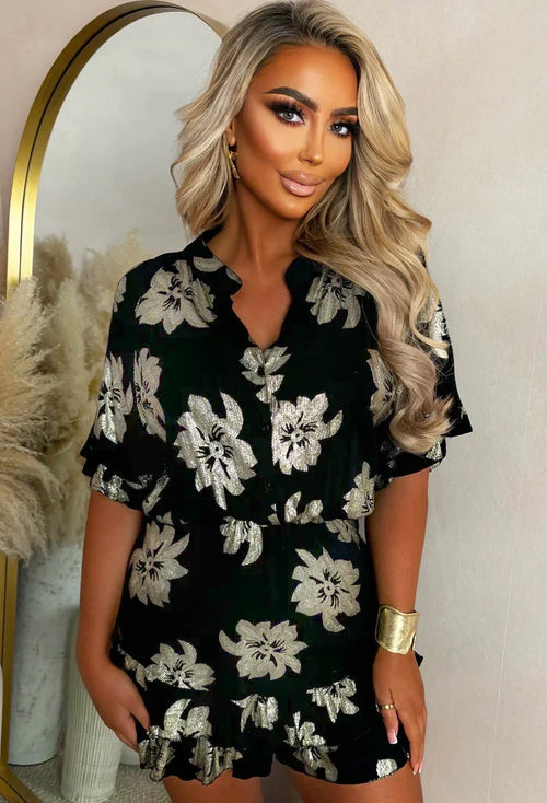 Beachy Queen Black Foil Print Button Front Playsuit