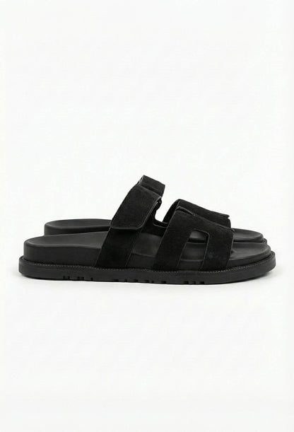Chic In Summer Black Strap Faux Suede Sandals