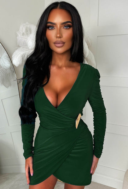 City Girl Green Gold Button Wrap Front Mini Dress