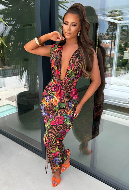 Cocktail Hour Multi Tropical Leopard Sleeveless Plunge Ruched Midi Dress