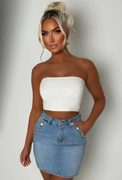 Coco Vibes Mid Wash Stretch Denim Gold Button Mini Skirt
