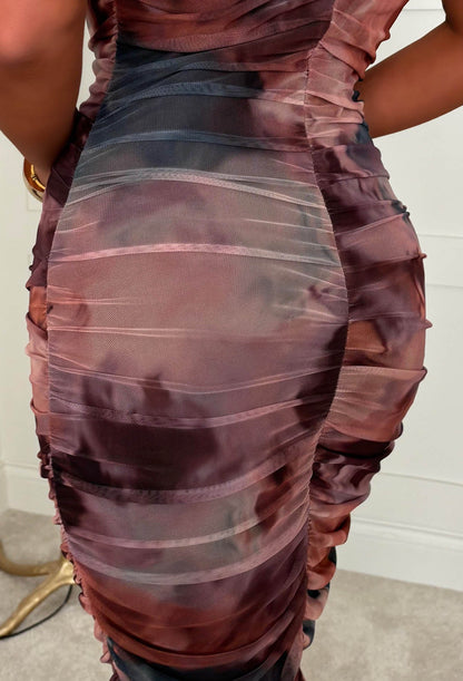 Contrast Crush Brown Printed Cowl Neck Mesh Cami Midi Dress
