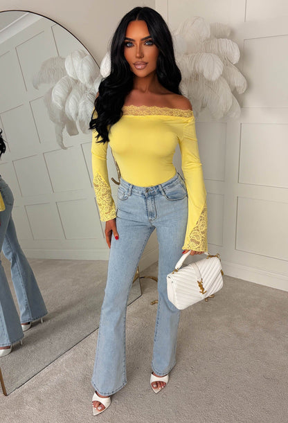 Dare To Dream Yellow Lace Asymmetrical Neck Flared Sleeve Top