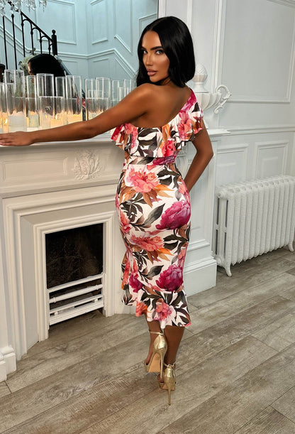 Darling Daydream Multi Rose Print Asymmetric Ruffle Midi Dress