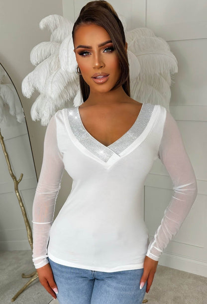 Dazzle Mine White Embellished V Neck Collar Top