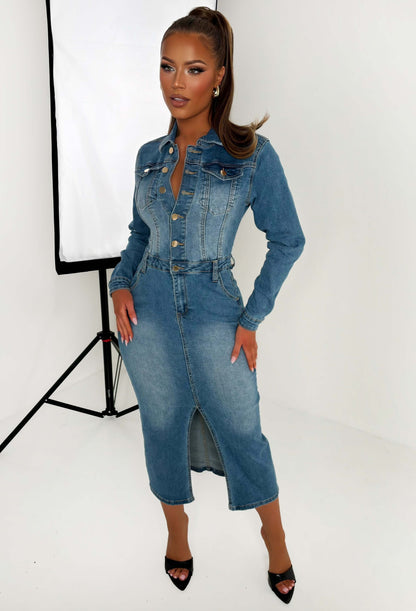 Denim Muse Mid Wash Stretch Denim Long Sleeve Dress