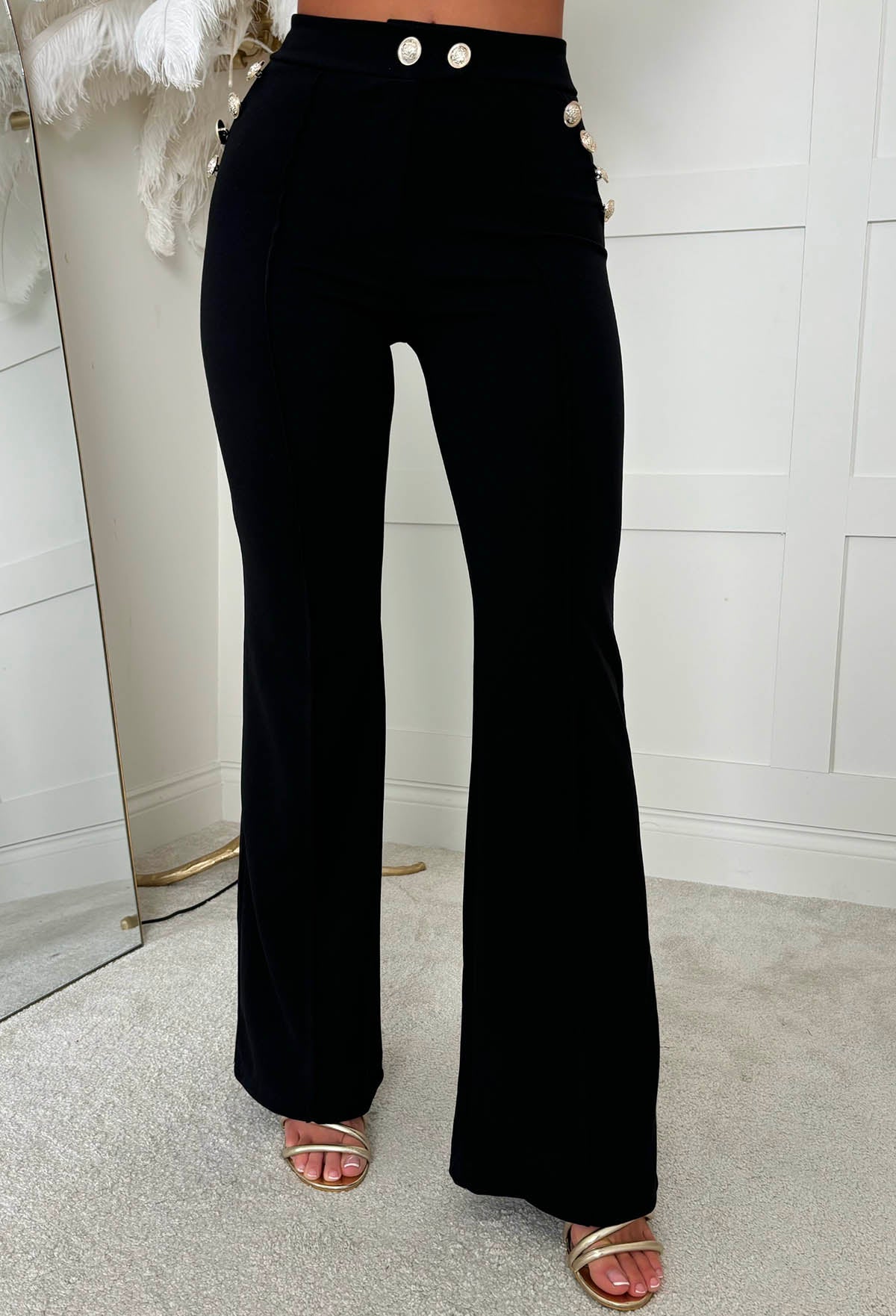 Drama Darling Black Flared Gold Button Flared Trousers