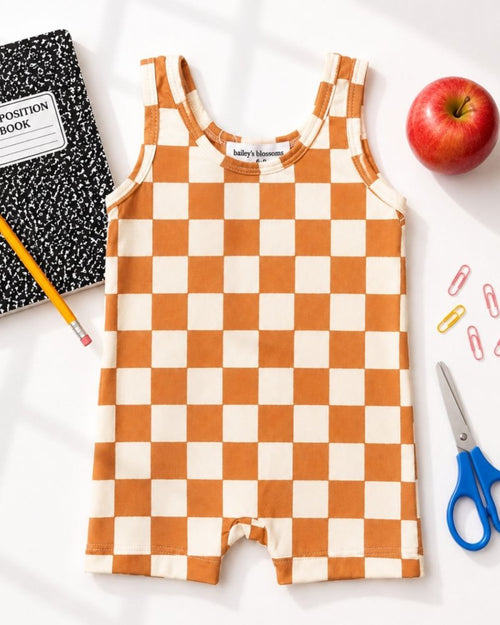 Gigi Bikeshort Romper - Orange Sunrise Check