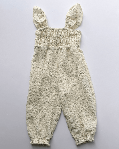Paisley Smocked Ruffle Jumpsuit - White with Green Leaves