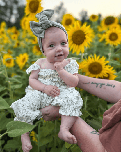 Paisley Smocked Ruffle Jumpsuit - White with Green Leaves